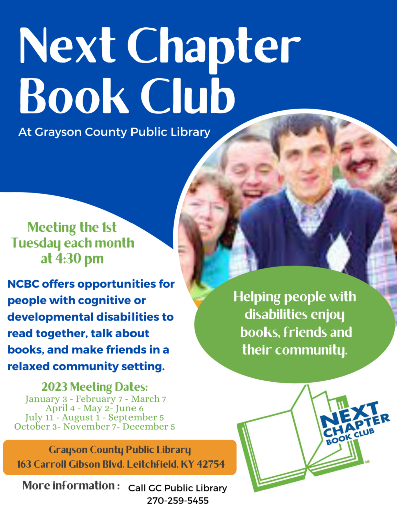 Next Chapter Book Club meets: June 6th, July 11th, August 1, September 5, October 3, November 7th, and December 5th at 4:30pm.